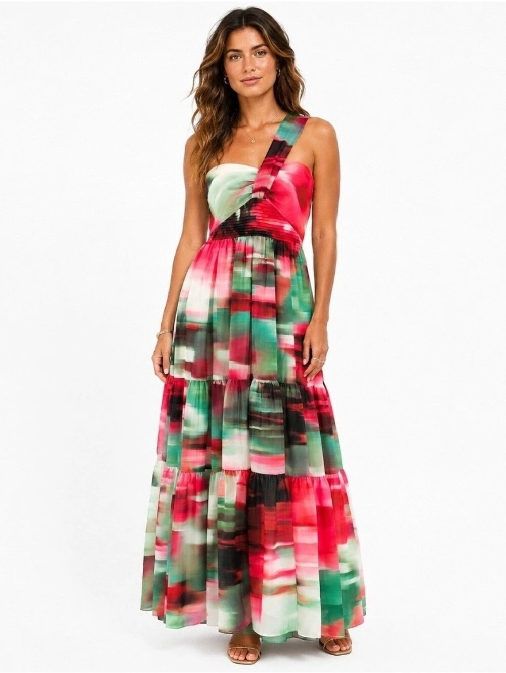 Badgley Mischka | NWT Tiered One Shoulder Maxi Dress Watercolor Print Size 4